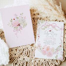Convite Little Ladybug Pink Bow Wildflower Baby Shower