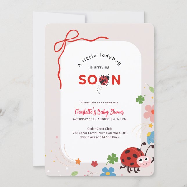 Convite Little Ladybug Red Bow Floral Baby Shower (Frente)