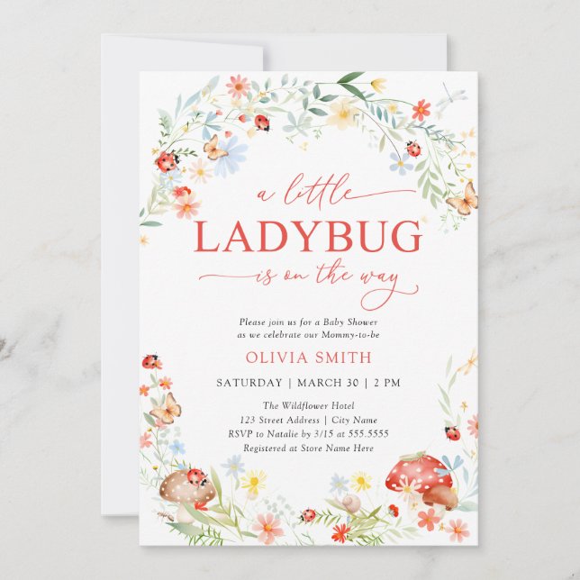Convite Little Ladybug Wildflower Girl Baby Shower (Frente)