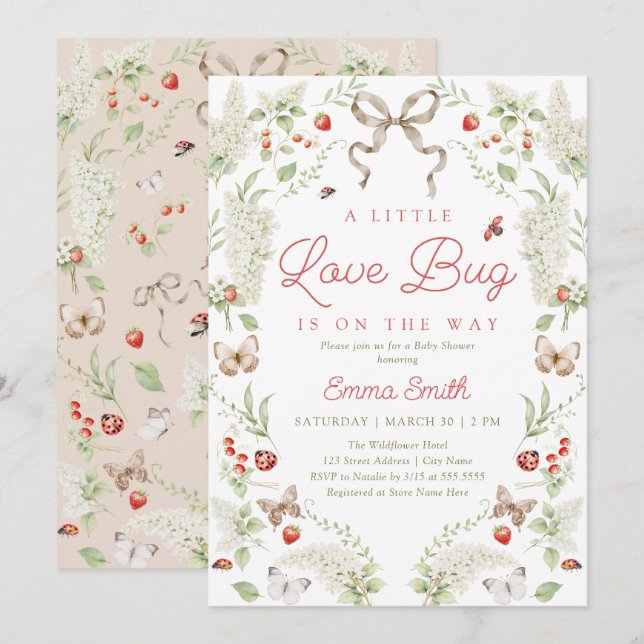 Convite Little Love Bug Floral Bow Baby Shower Invitation (Frente/Verso)