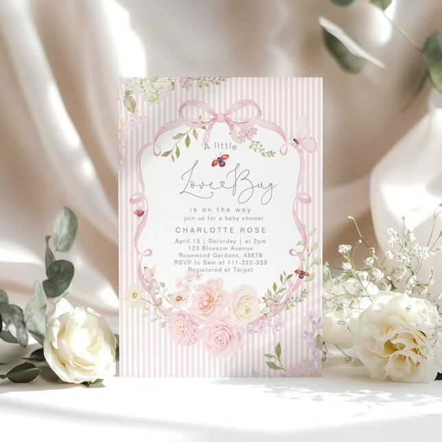 Convite Little Love Bug Pink Bow Stripes Baby Shower (Criador carregado)