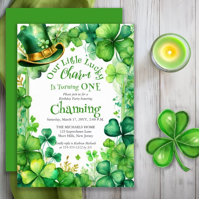 Convite Little Lucky Charm St. Patrick’s Day 1st Birthday (Our Little Lucky Charm Is Turning ONE Saint Patrick's Day 1st Birthday Party Invitation - Print Digi)