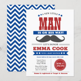 Convite Little Man Mustache Bash Boy Chá de fraldas azul