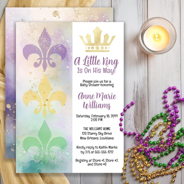 Convite Little Mardi Gras King Baby Shower  (Little Mardi Gras King Baby Shower Invitation with Crown & Fleur-de-Lis -- Print | Digital Download)