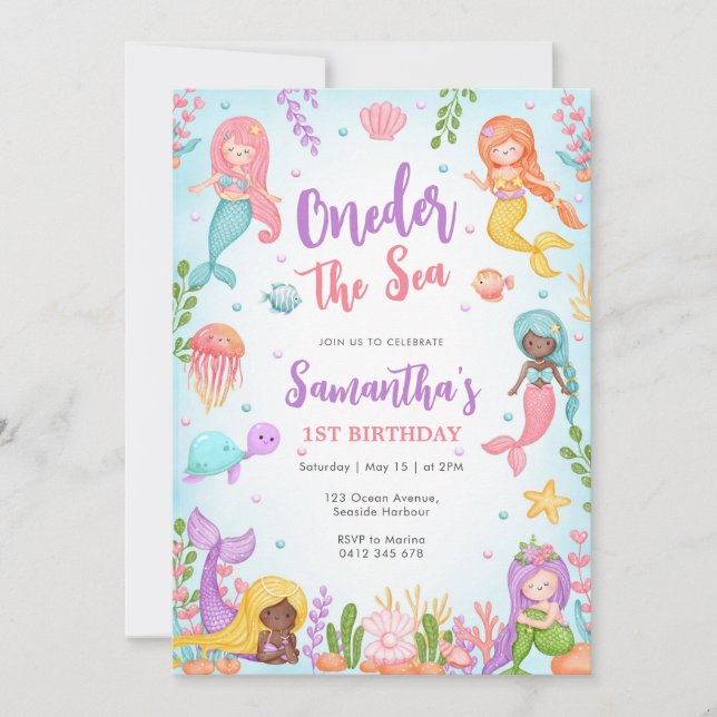 Convite Little Mermaid Oneder The Sea 1st Birthday (Frente)