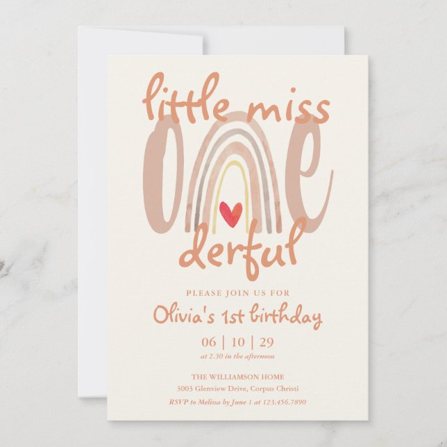 Convite Little Miss Onederful Boho Rainbow 1st Birthday (Frente)