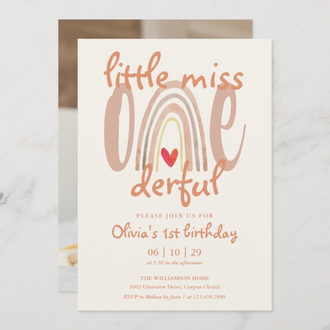 Convite Little Miss Onederful Rainbow Photo 1st Birthday (Frente/Verso)