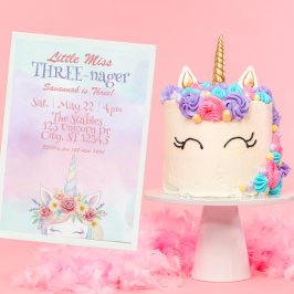 Convite Little Miss Three-nager, Unicorn 3rd Birthday