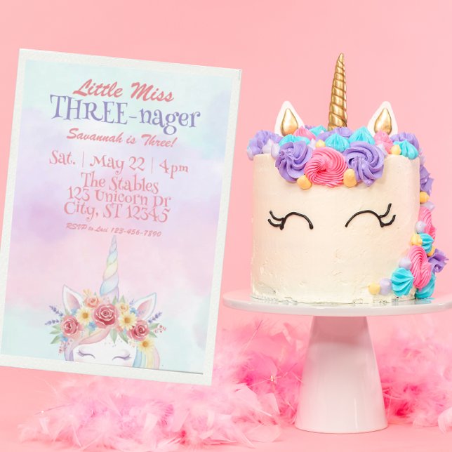 Convite Little Miss Three-nager, Unicorn 3rd Birthday (Criador carregado)
