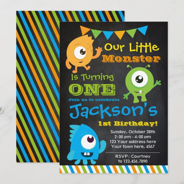 Convite Little Monster Invitation, Chalkboard (Frente/Verso)