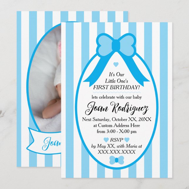 Convite Little One Bow 1st Birthday Photo Invitations (Frente/Verso)