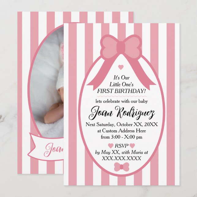 Convite Little One Bow 1st Birthday Photo Invitations (Frente/Verso)