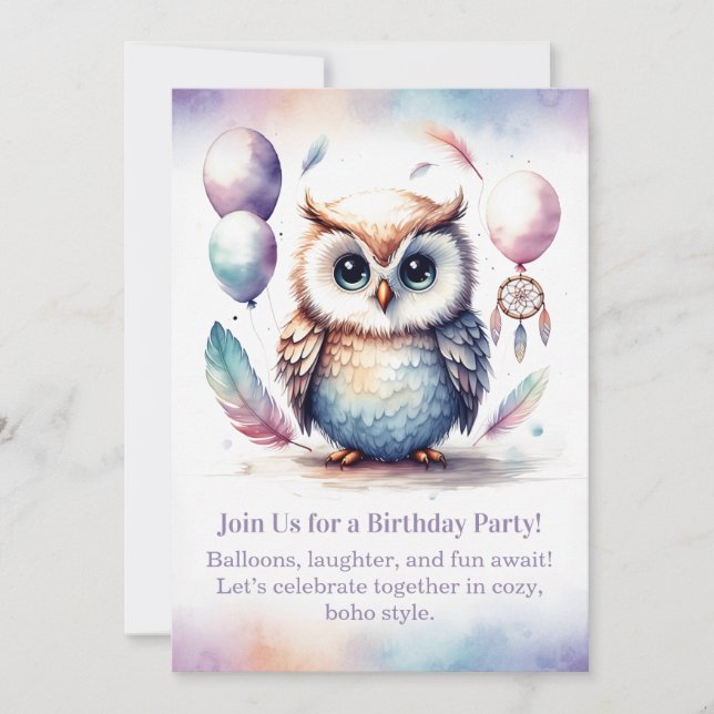 Convite Little Owl Birthday Invitation Woodland Boho  (Frente)