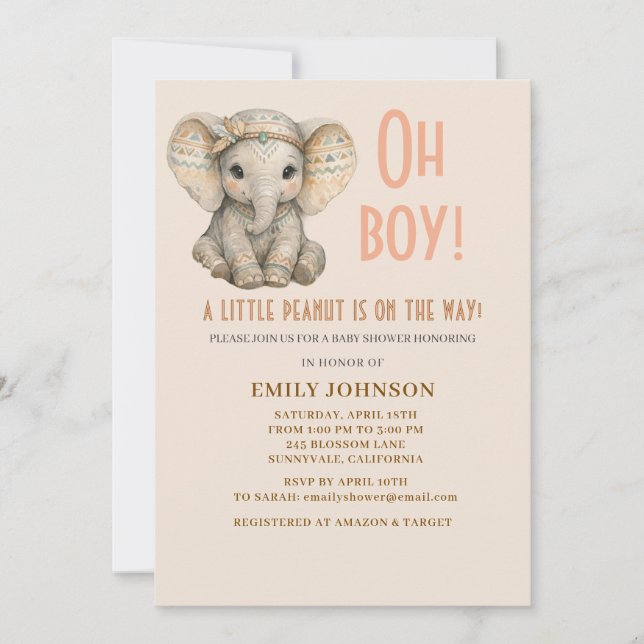 Convite Little Peanut Boho Safari Elephant Boy Baby Shower (Frente)
