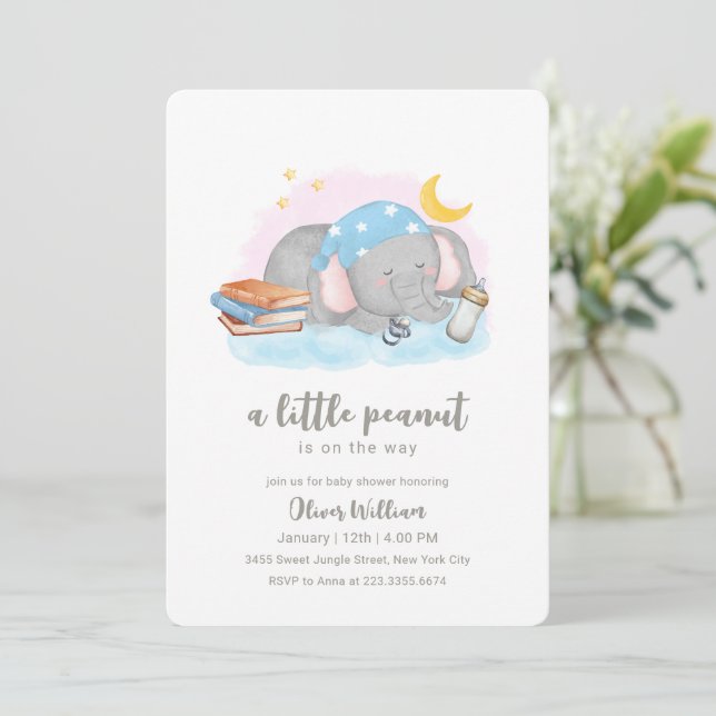 Convite Little Peanut Sleeping Elephant Baby Shower (Em pé/Frente)
