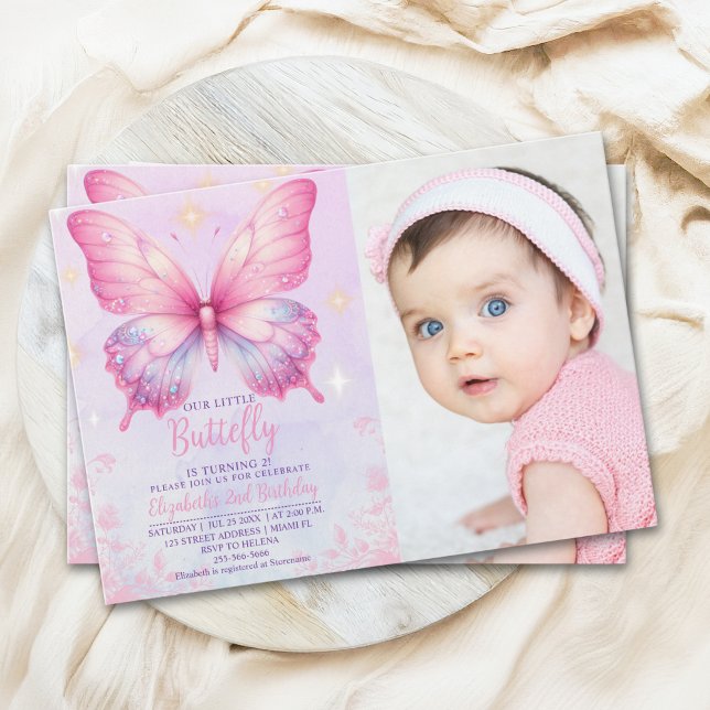 Convite Little Pink Butterfly - Girls' Birthday with Photo (Criador carregado)