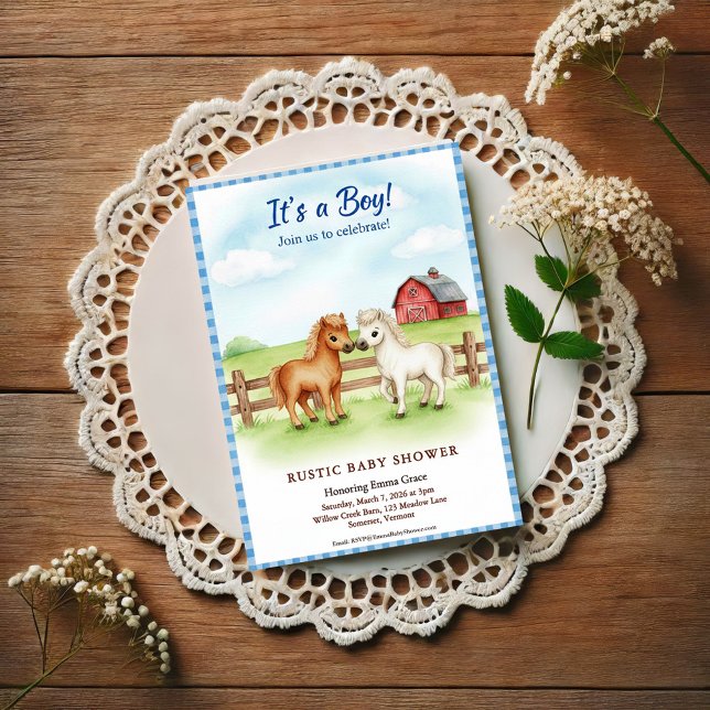 Convite Little Pony Baby Boy Shower Gingham Invitation (Criador carregado)