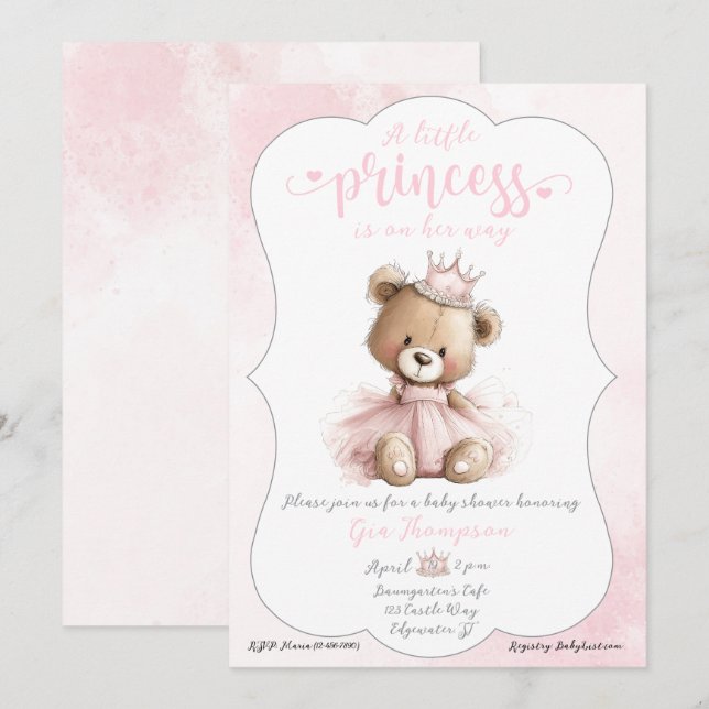 Convite Little Princess Baby Shower Invitation with Teddy  (Frente/Verso)