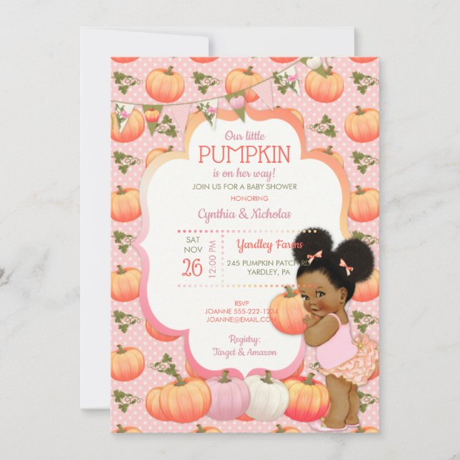 Convite Little Pumpkin Baby Girl Shower Dark Tone Puffs In (Frente)