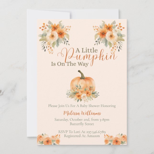 Convite Little Pumpkin Orange Floral Fall Baby Shower  (Frente)