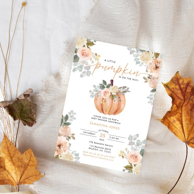 Convite Little Pumpkin Pink FloralFall Baby Shower  (Criador carregado)