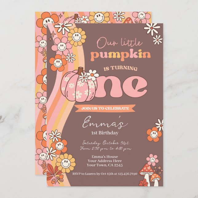 Convite Little Pumpkin Retro 1st Birthday Invitation (Frente/Verso)
