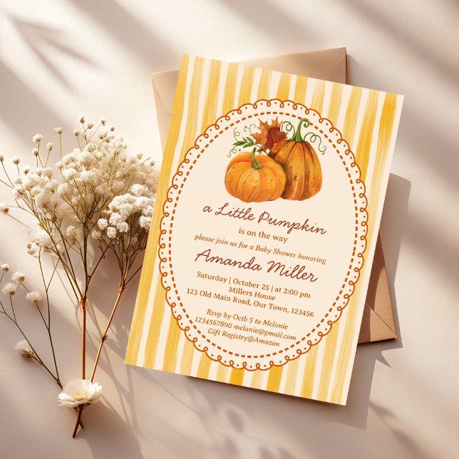 Convite Little pumpkin retro stripes baby shower (Little pumpkin hand drawn retro yellow stripes cute fall baby shower invitation cards template)