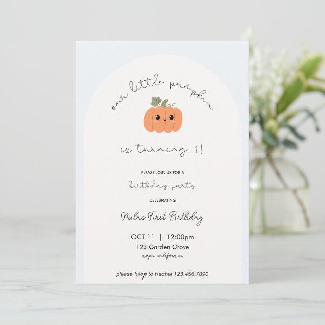 Convite Little Pumpkin’s First Birthday Invitation  (Em pé/Frente)
