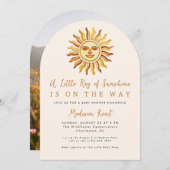 Convite Little Ray of Sunshine Boho Sun Photo Baby Shower (Frente/Verso)