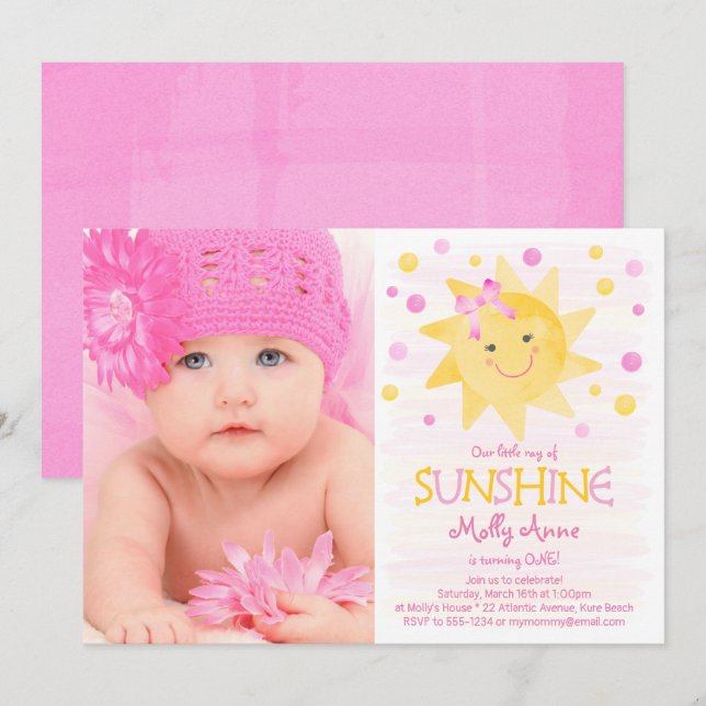 Convite Little Ray of Sunshine Watercolor Aniversário (Frente/Verso)