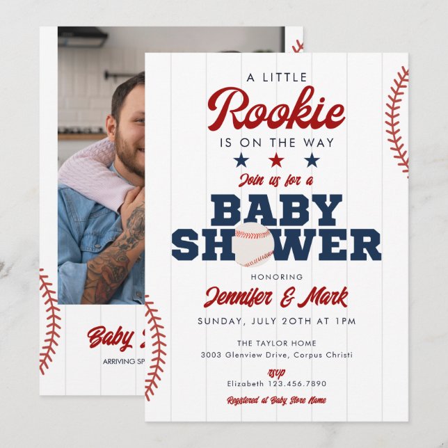 Convite Little Rookie Baseball Photo Baby Shower (Frente/Verso)