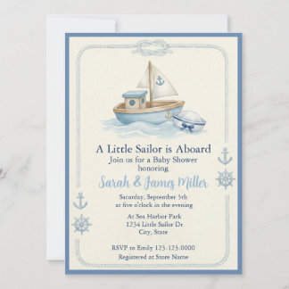 Convite Little Sailor Aboard Blue Baby Shower Invitation