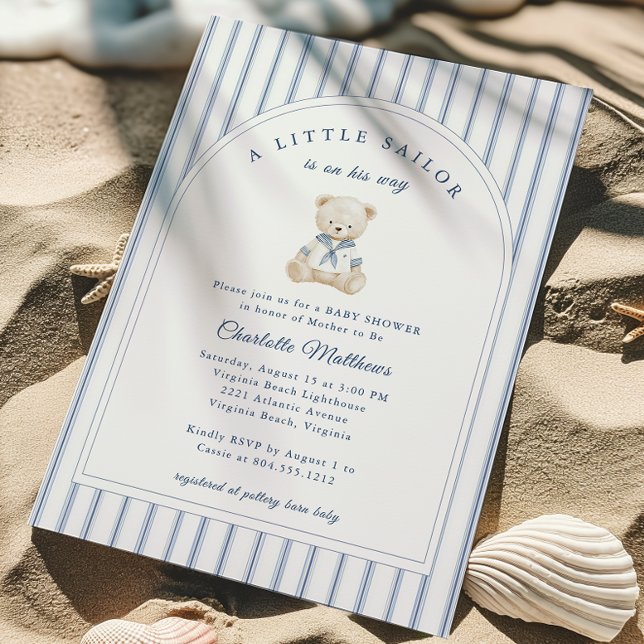 Convite Little Sailor Baby Shower Invitation  (Little Sailor Bear Boy Baby Shower Invitation)
