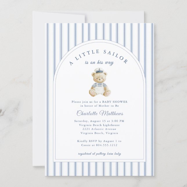 Convite Little Sailor Bear Coastal Baby Shower Invitation (Frente)