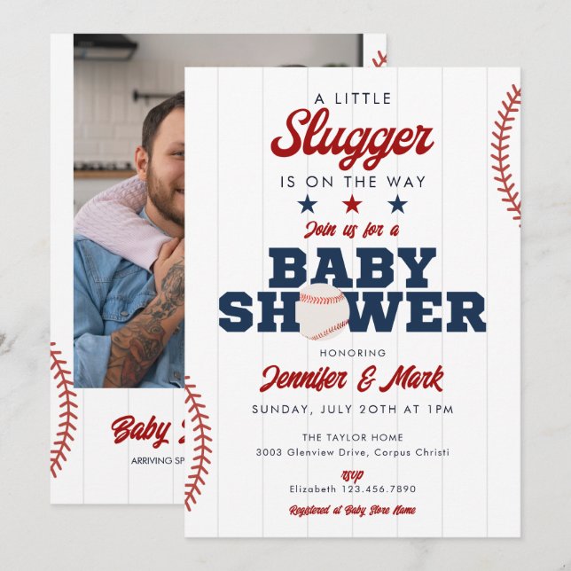 Convite Little Slugger Baseball Photo Baby Shower (Frente/Verso)