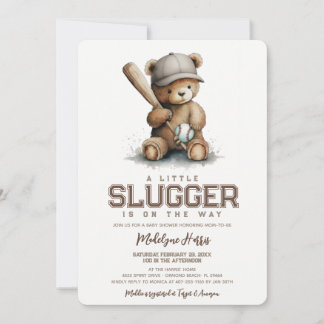 Convite Little Slugger Neutral Teddy Baseball Baby Shower