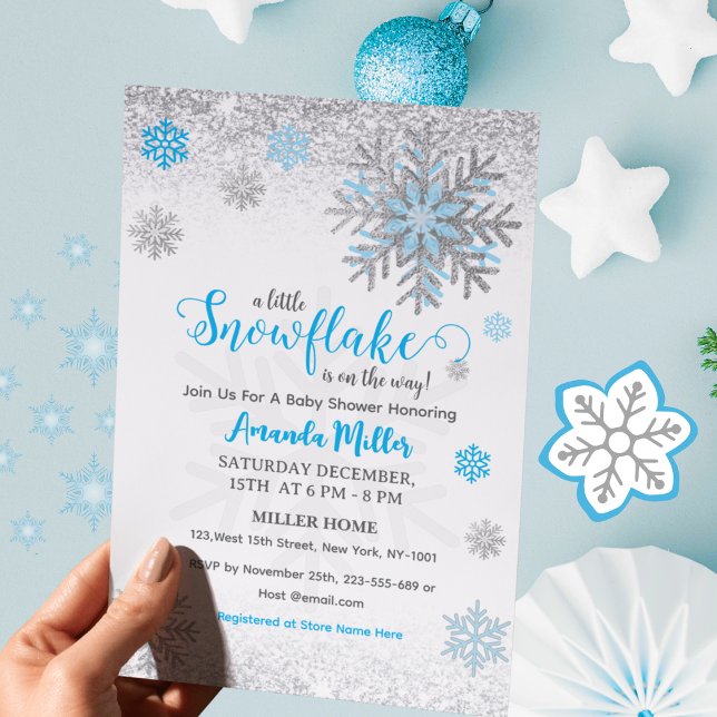 Convite Little Snow Flake Blue Silver Glittery Baby Shower (Criador carregado)