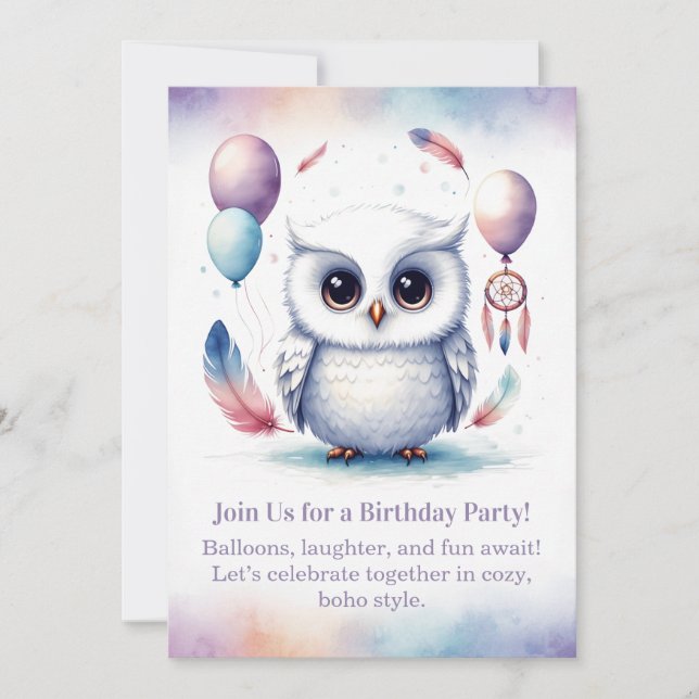 Convite Little Snowy Owl Birthday Invitation Boho  (Frente)
