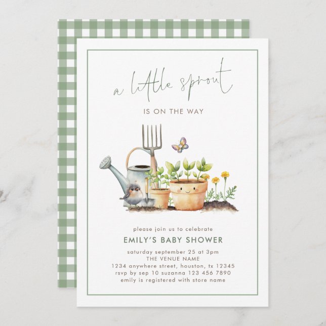 Convite Little Sprout Border Sage Gingham Baby Shower  (Frente/Verso)