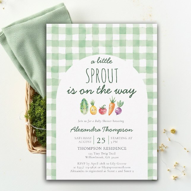 Convite Little Sprout Cute Produce Watercolor Baby Shower (little sprout baby shower invitation locally grown produce watercolor cute characters green gingham)
