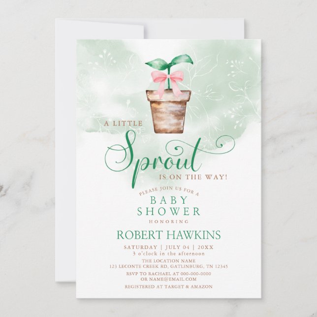 Convite Little Sprout is on the Way Garden Bow Baby Shower (Frente)