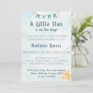 Convite Little Star Watercolor Blue Sky Baby Shower