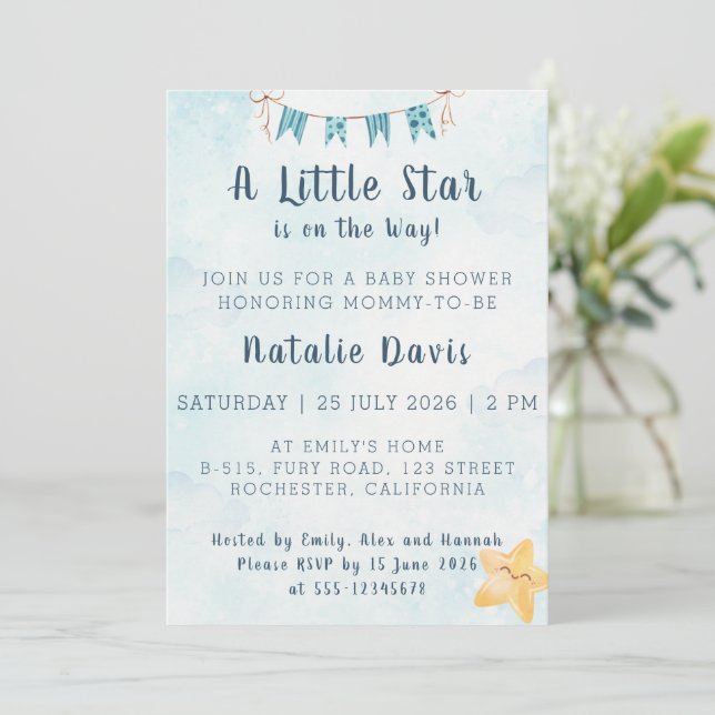 Convite Little Star Watercolor Blue Sky Baby Shower (Em pé/Frente)