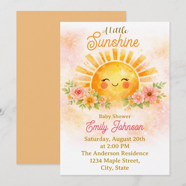 Convite Little Sunshine Baby Girl Shower (Frente/Verso)