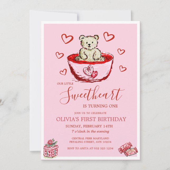 Convite Little Sweetheart Birthday Bear Hearts Invitation (Frente)