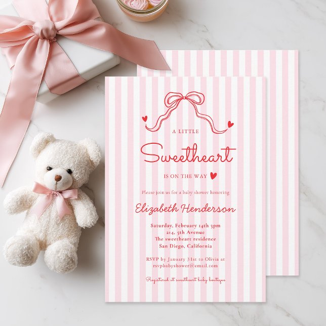 Convite Little Sweetheart Bow Pink Stripe Baby Shower (Criador carregado)
