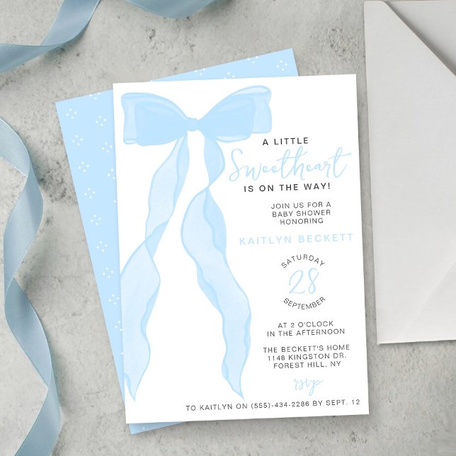 Convite Little Sweetheart Elegant Blue Bow Baby Shower (Criador carregado)