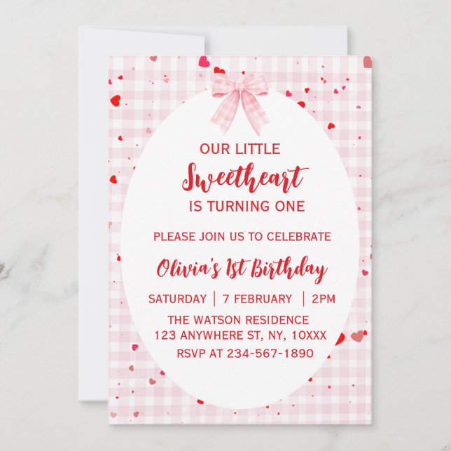 Convite Little Sweetheart First Birthday Invitation. (Frente)