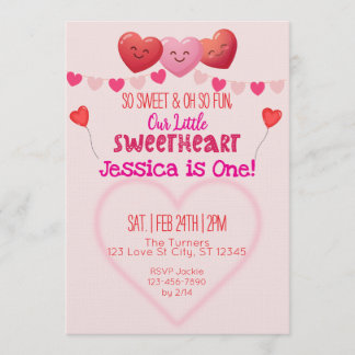 Convite Little Sweetheart is One, Hearts 1st Birthday