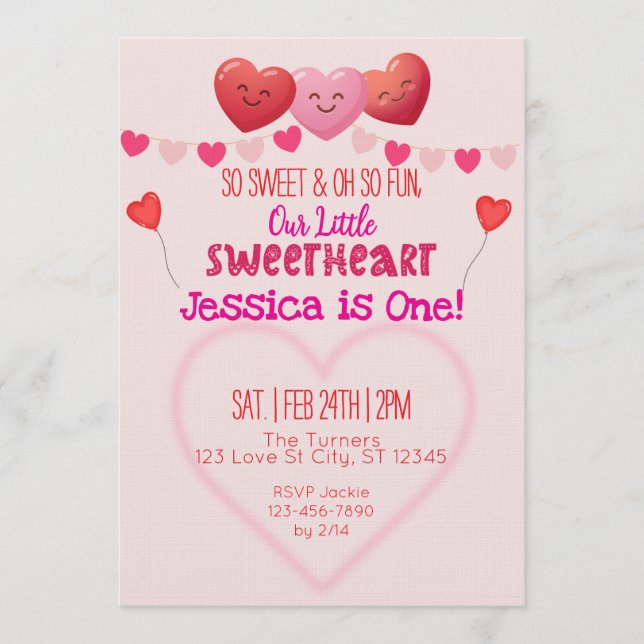 Convite Little Sweetheart is One, Hearts 1st Birthday (Frente)
